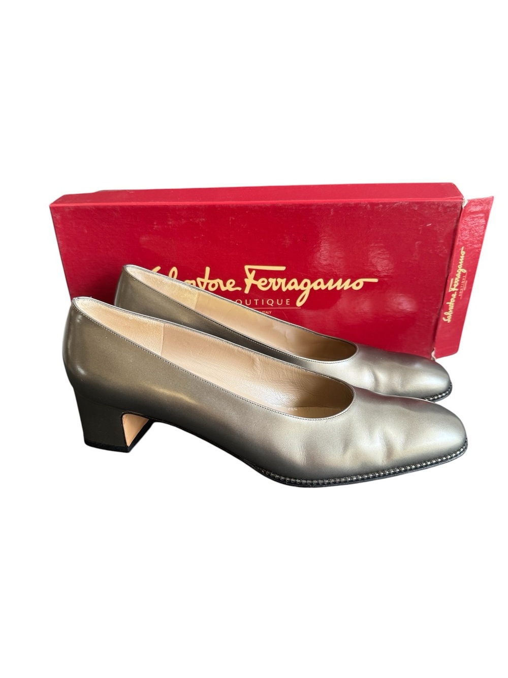 Vintage Salvatore Ferragamo Pumps Rio Pewter Leather Shoes Block Heel 8.5 AA